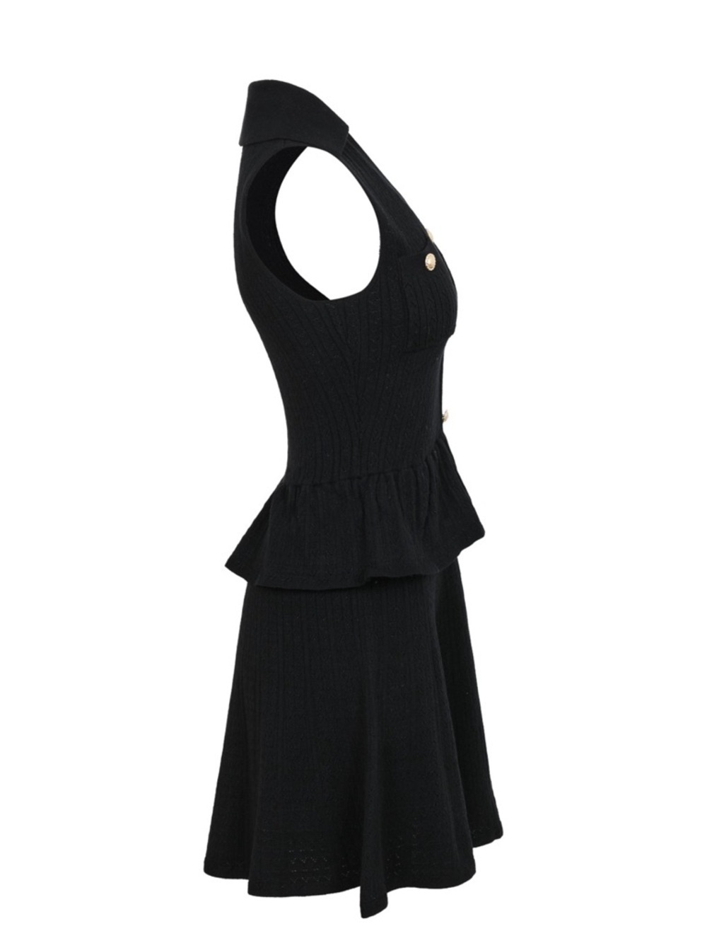 Black Tweed Mini Dress | Gold Button Sleeveless Peplum | Chic Luxury M - Picture 3 of 6